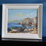 Mid-Century Style Oil On Panel Painting "Harbour with buildings " By B Franco Vintage & Framed