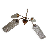 Vintage 4-arm chandelier - oblong tulip pressed molded glass - gold metal