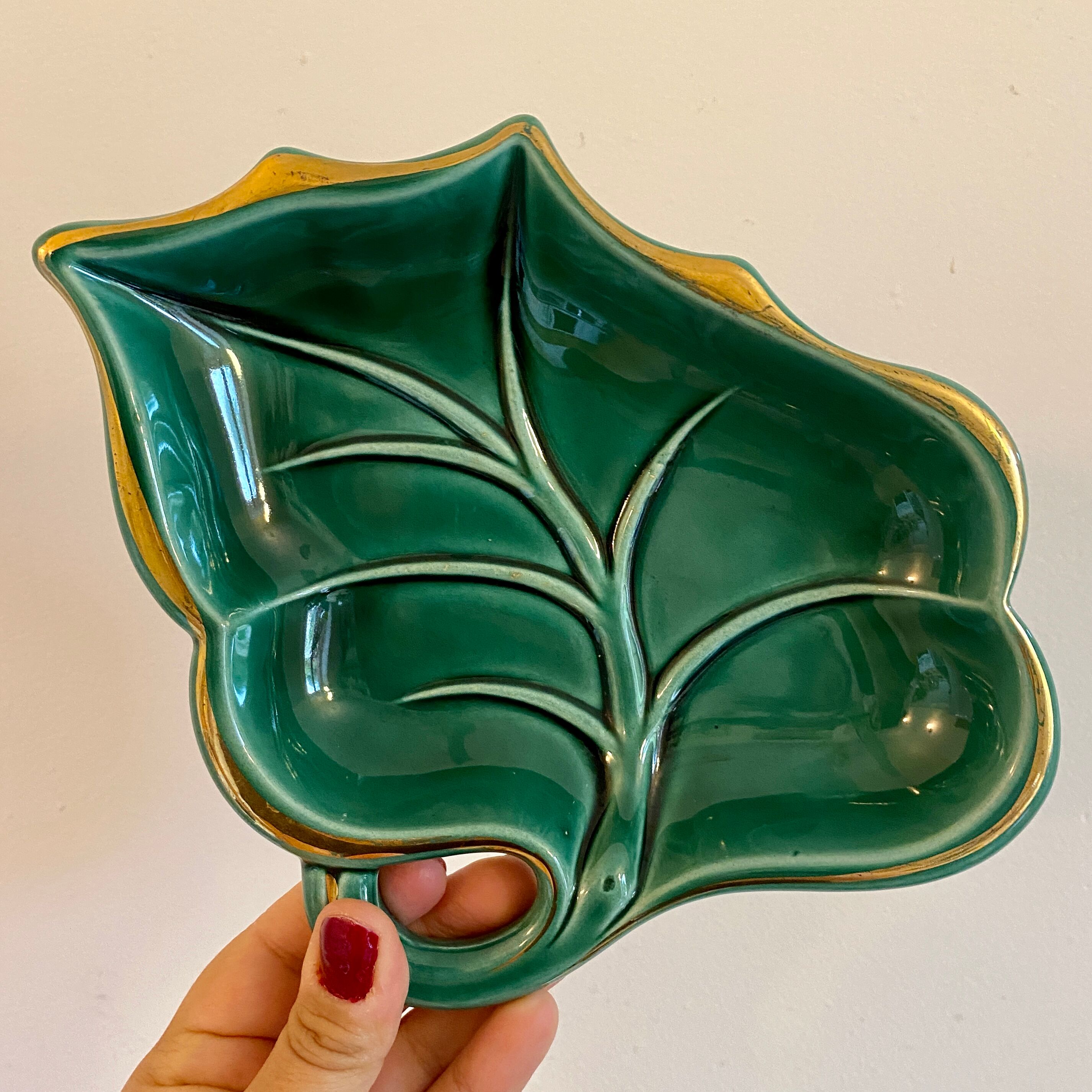 Set of 5 vintage pockets or raviers in green and gold ceramic