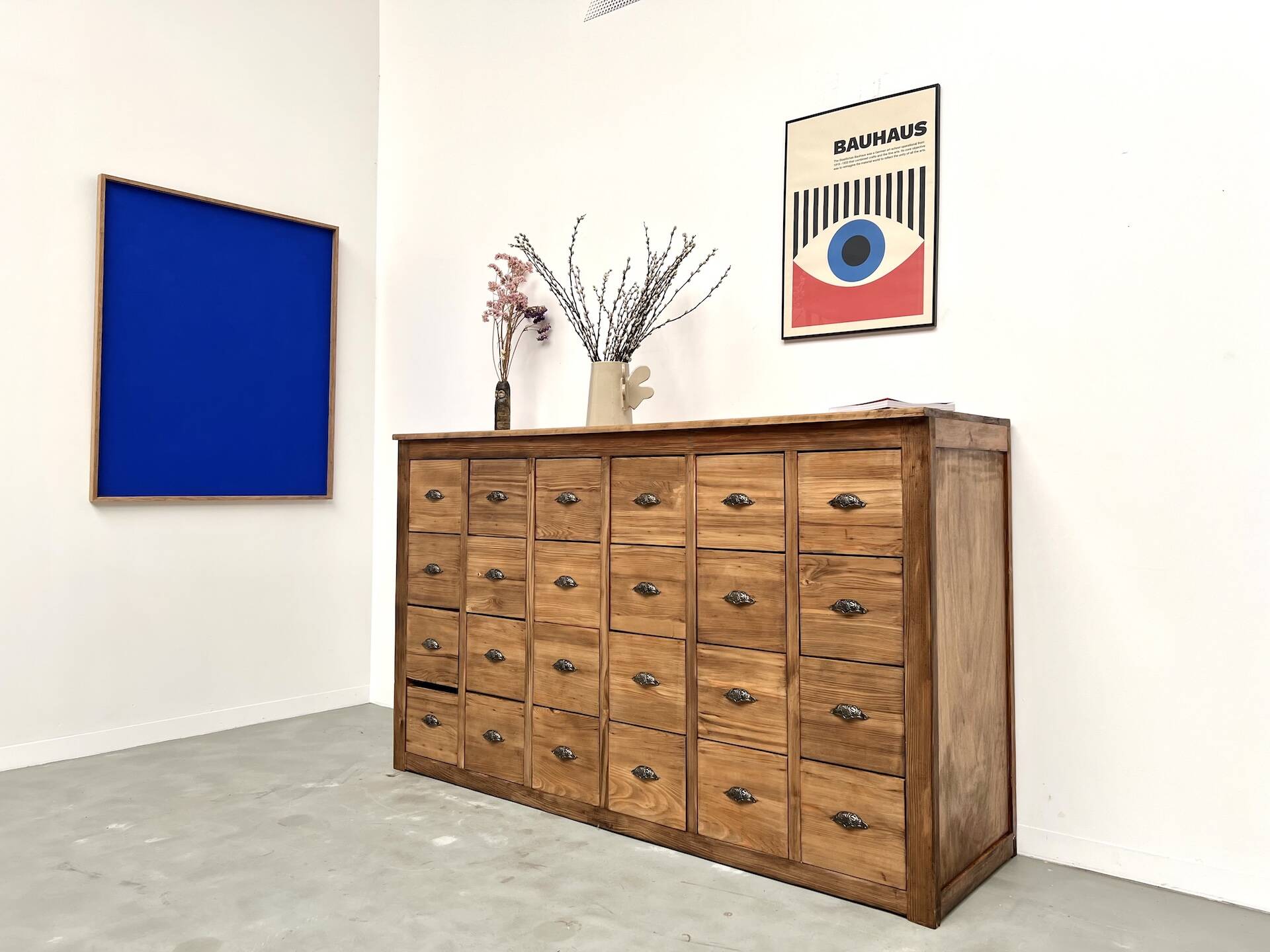 Vintage workshop furniture with 24 drawers in solid pine – 1950s