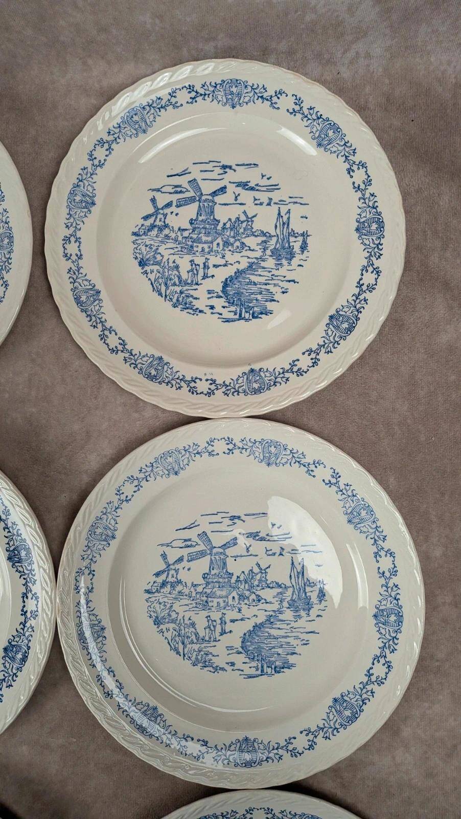 Set of 6 antique flat plates Rotterdam blue windmill design.