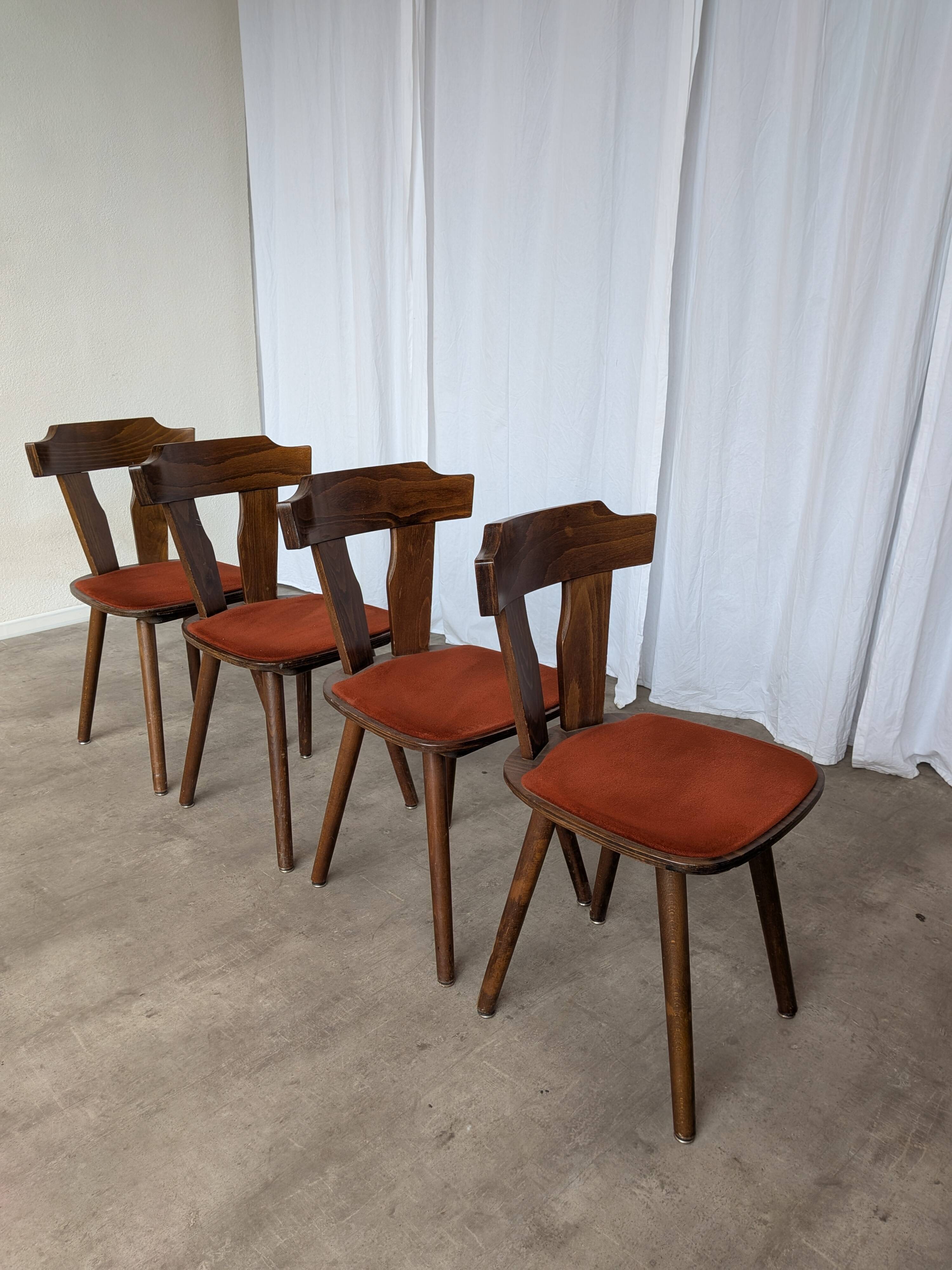 Vintage Tyrolean Dining Chairs: Set of 4, Red Fabric Seat, 1970s