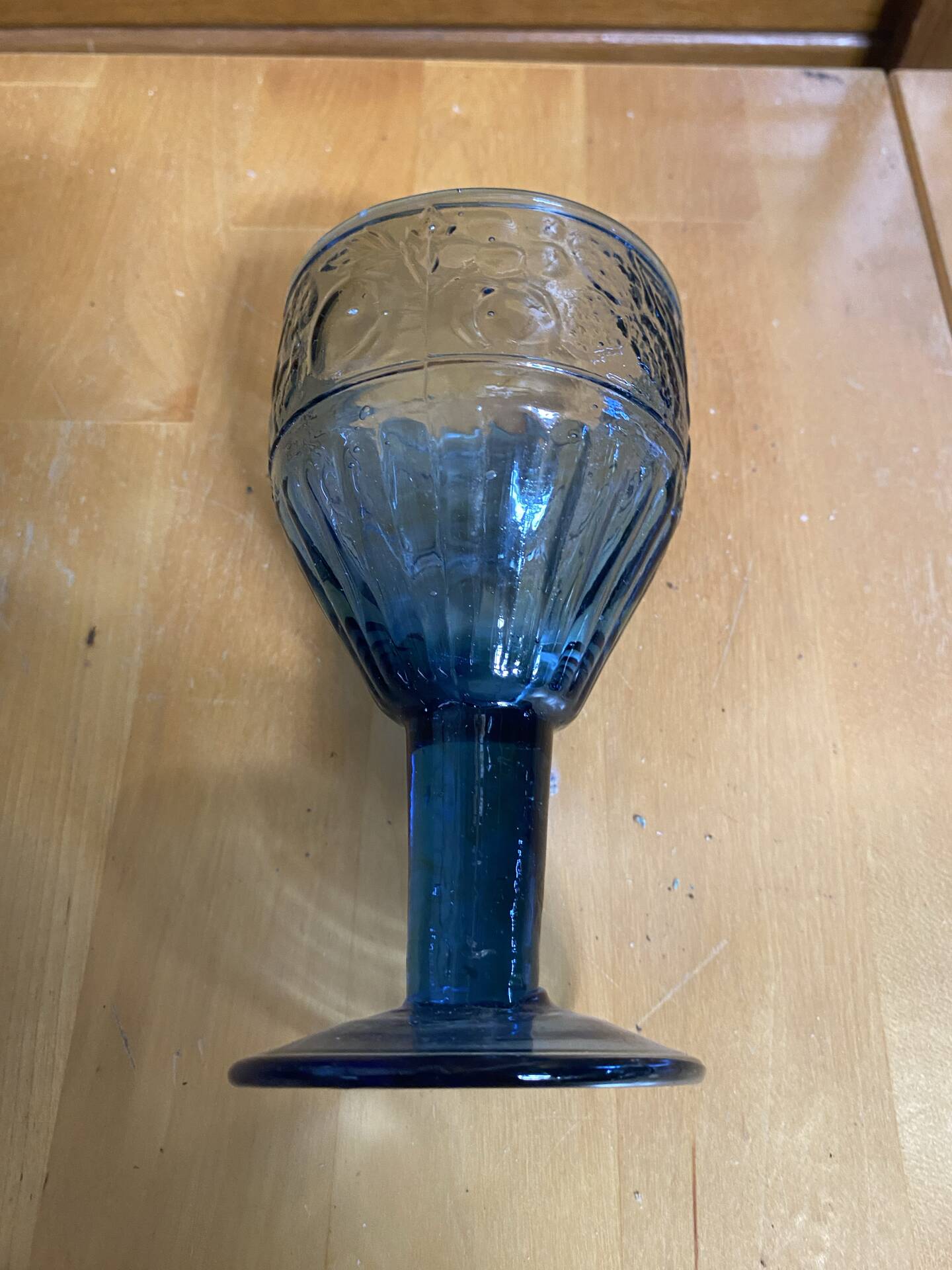 Set of 6 Blue Moulded Glass Goblets with Fruit Decor Vintage 1960s