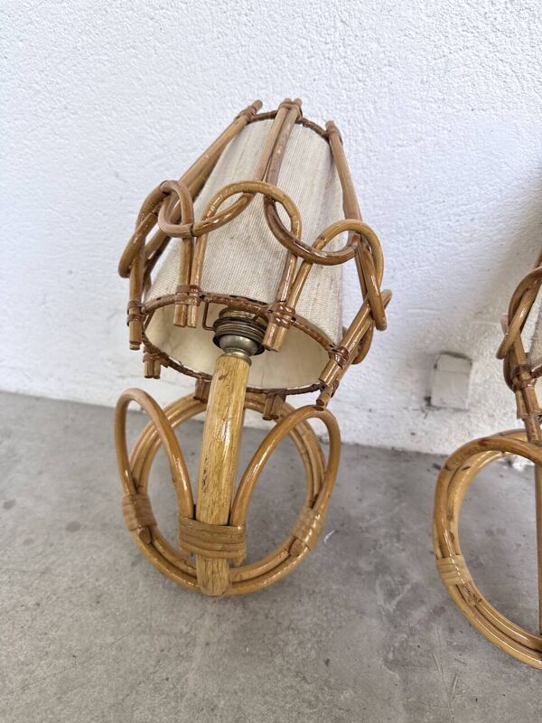 Paire appliques rotin Louis Sognot 1960