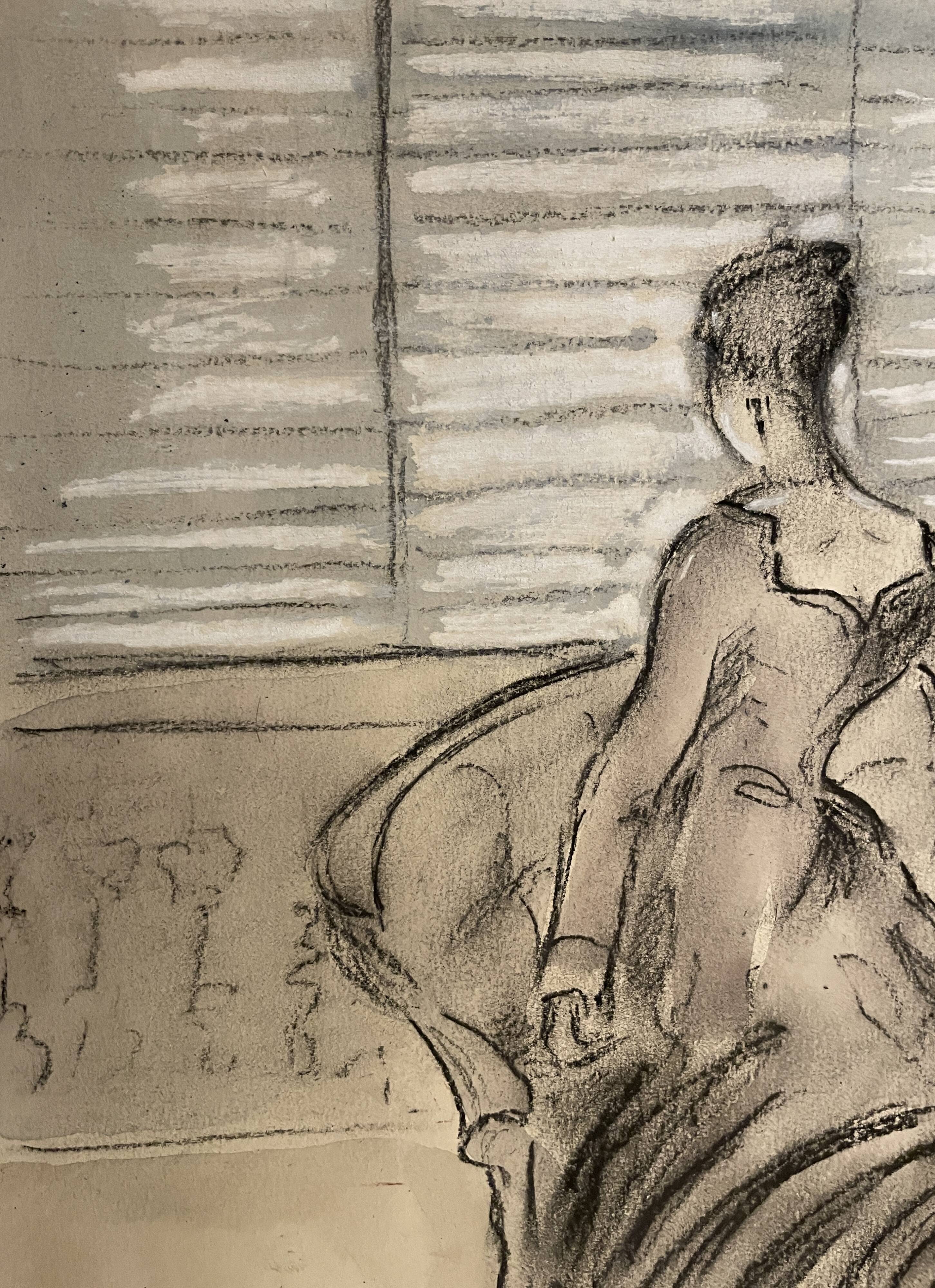 Painting signed charcoal watercolor female portrait Empire “sofa”