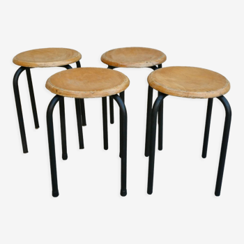 Set of 4 wooden and metal school stools