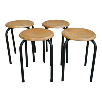 Set of 4 wooden and metal school stools