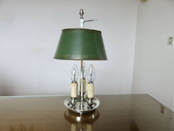 Authentique lampe bouillotte ancienne en bronze chromé à 3 feux, années 30