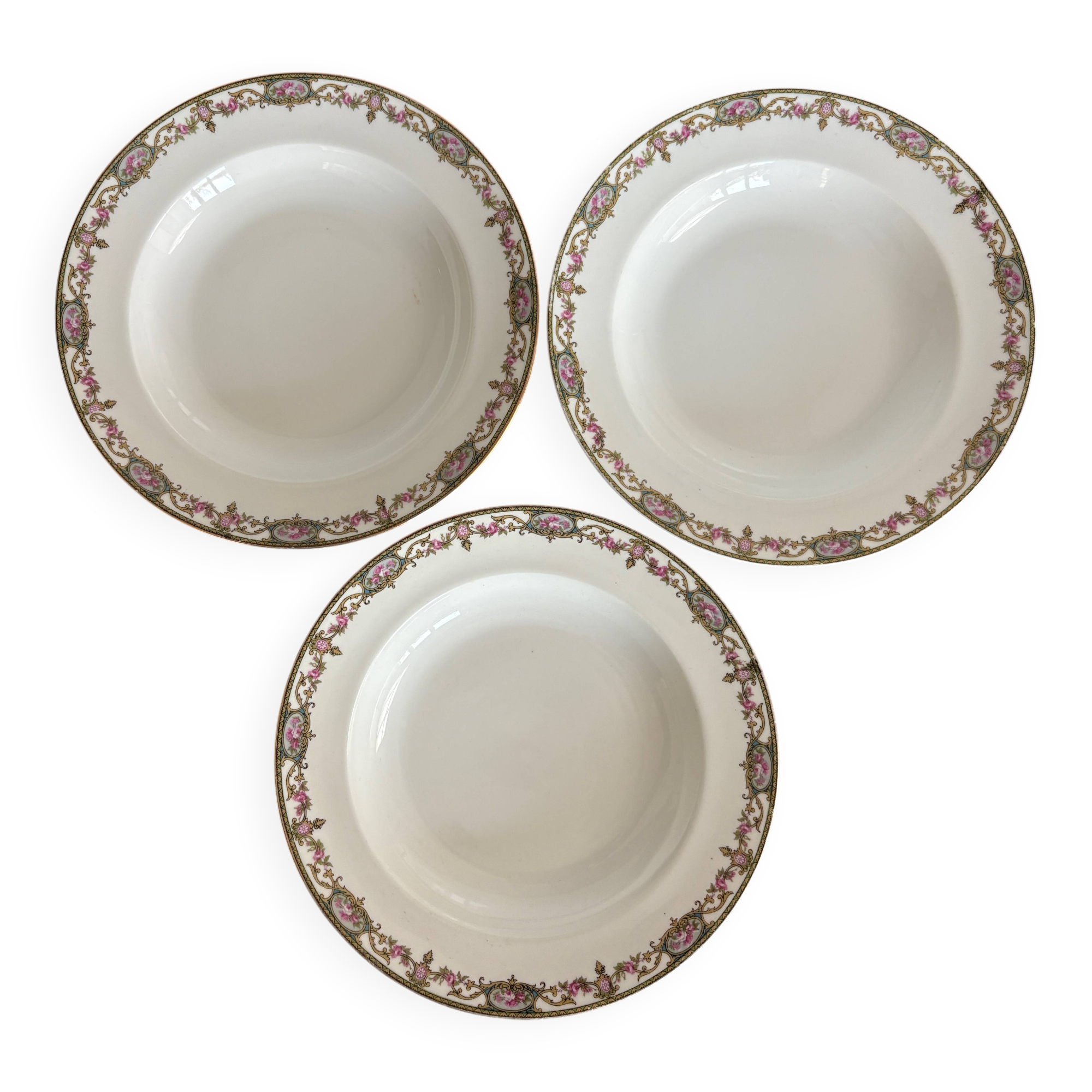Set of three deep plates Limoges L.S. Floral Belle Époque decoration