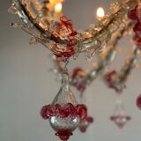 Rezzonico Venetian chandelier in colorless and red Venetian glass, circa 1920