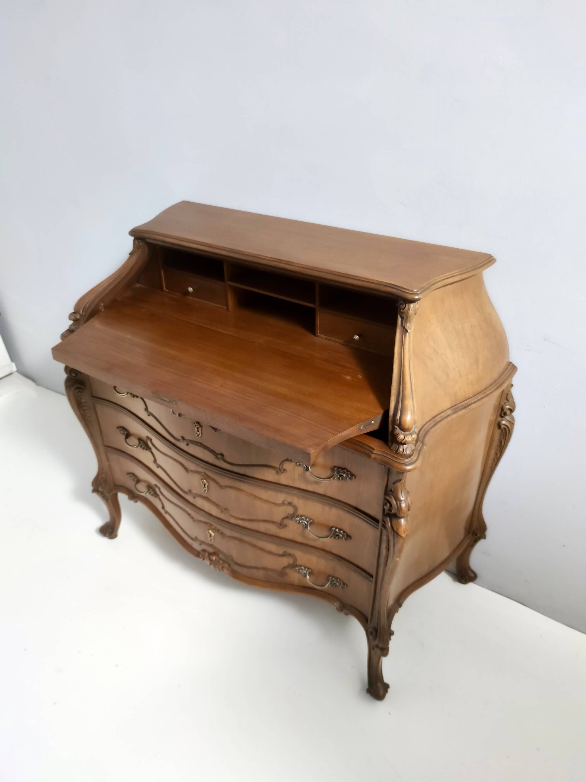 Vintage Baroque Solid Walnut Dresser with Inlaid Designs, Italy
