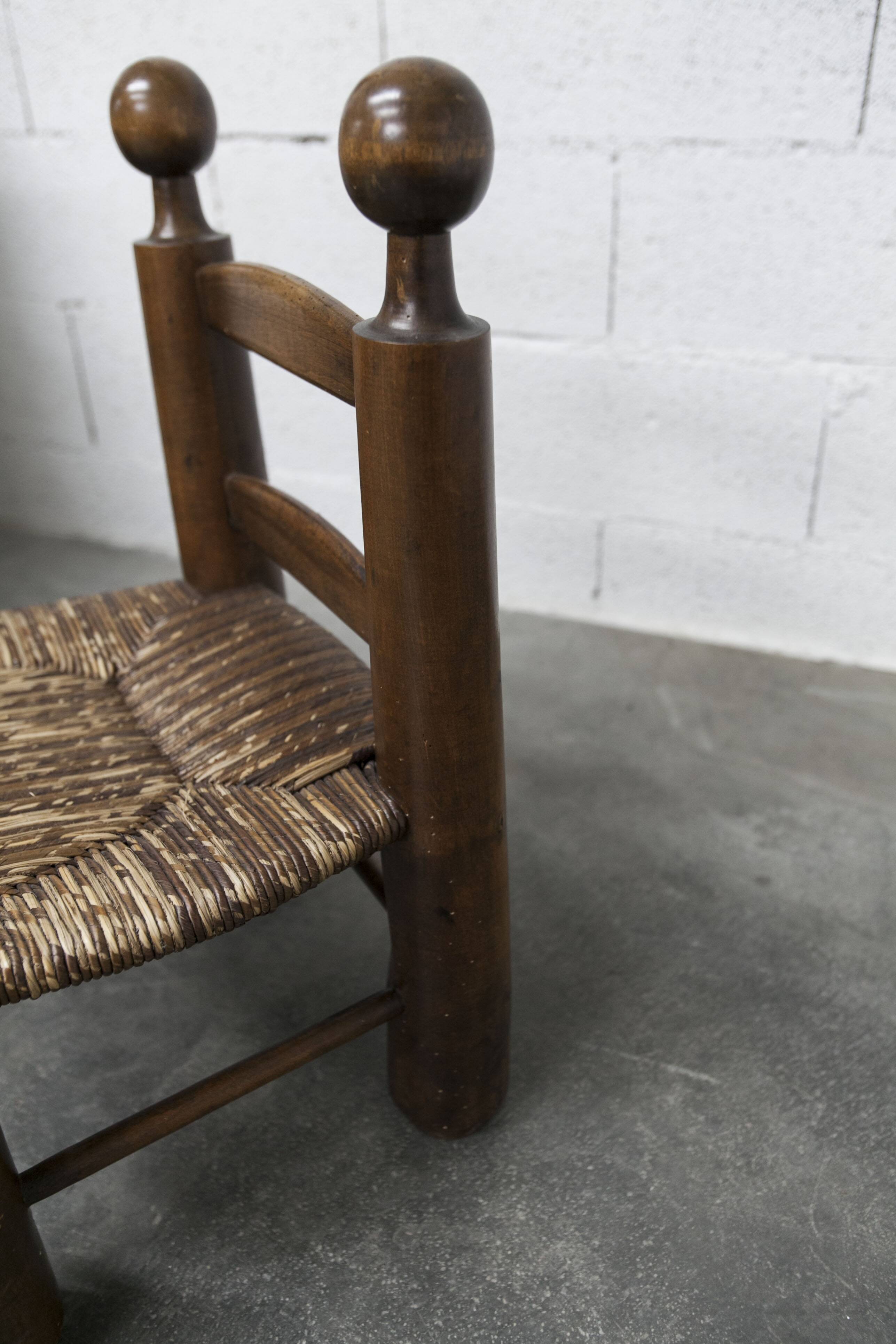 Brutalist children's chair by Charles Doudouyt 1960 oak and wicker