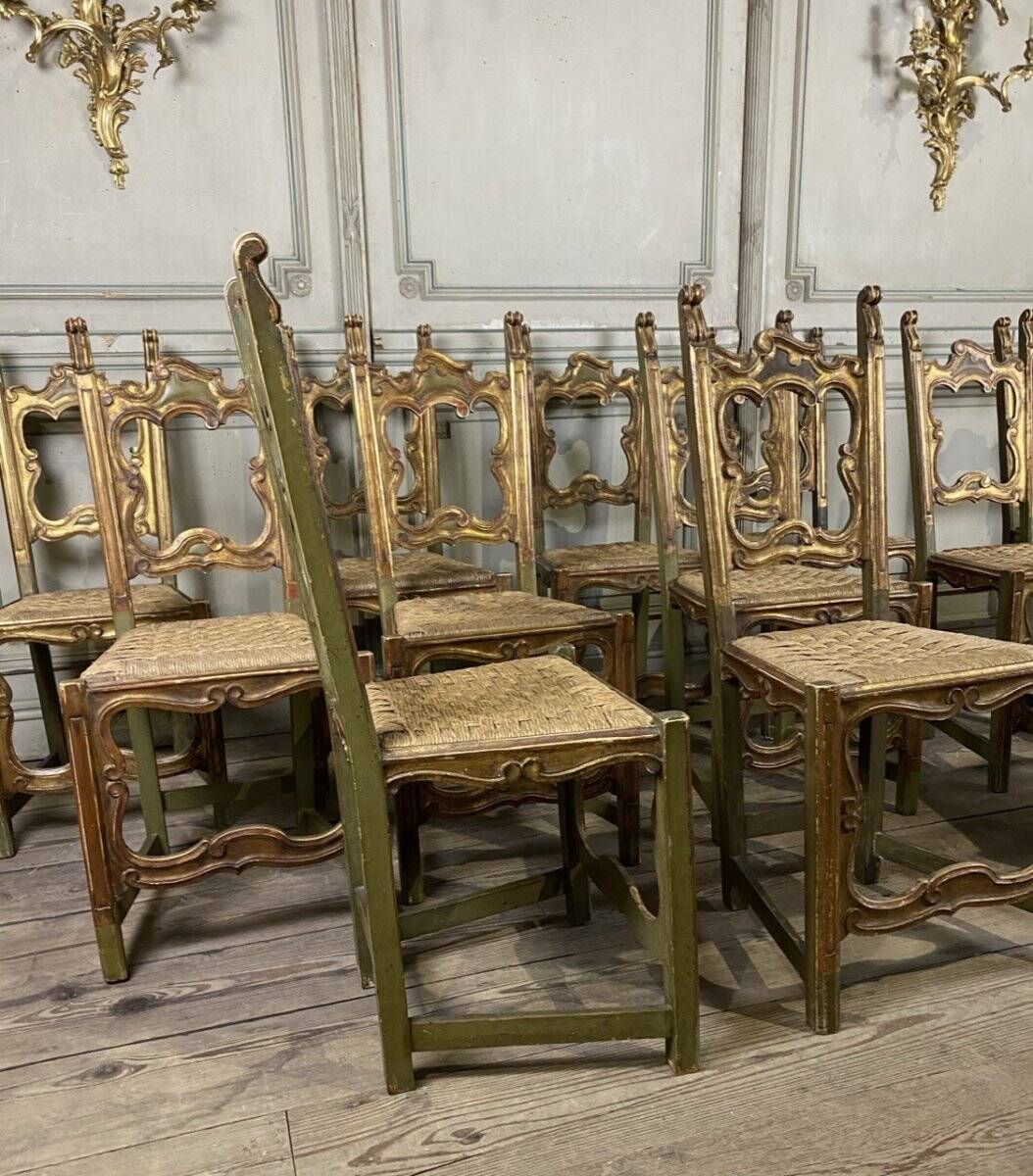 Set of 12 carved wooden chairs, Italy
