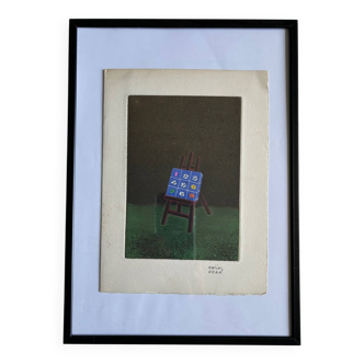 Œuvre Collage Le Chevalet d'Haim Kern. Signature.