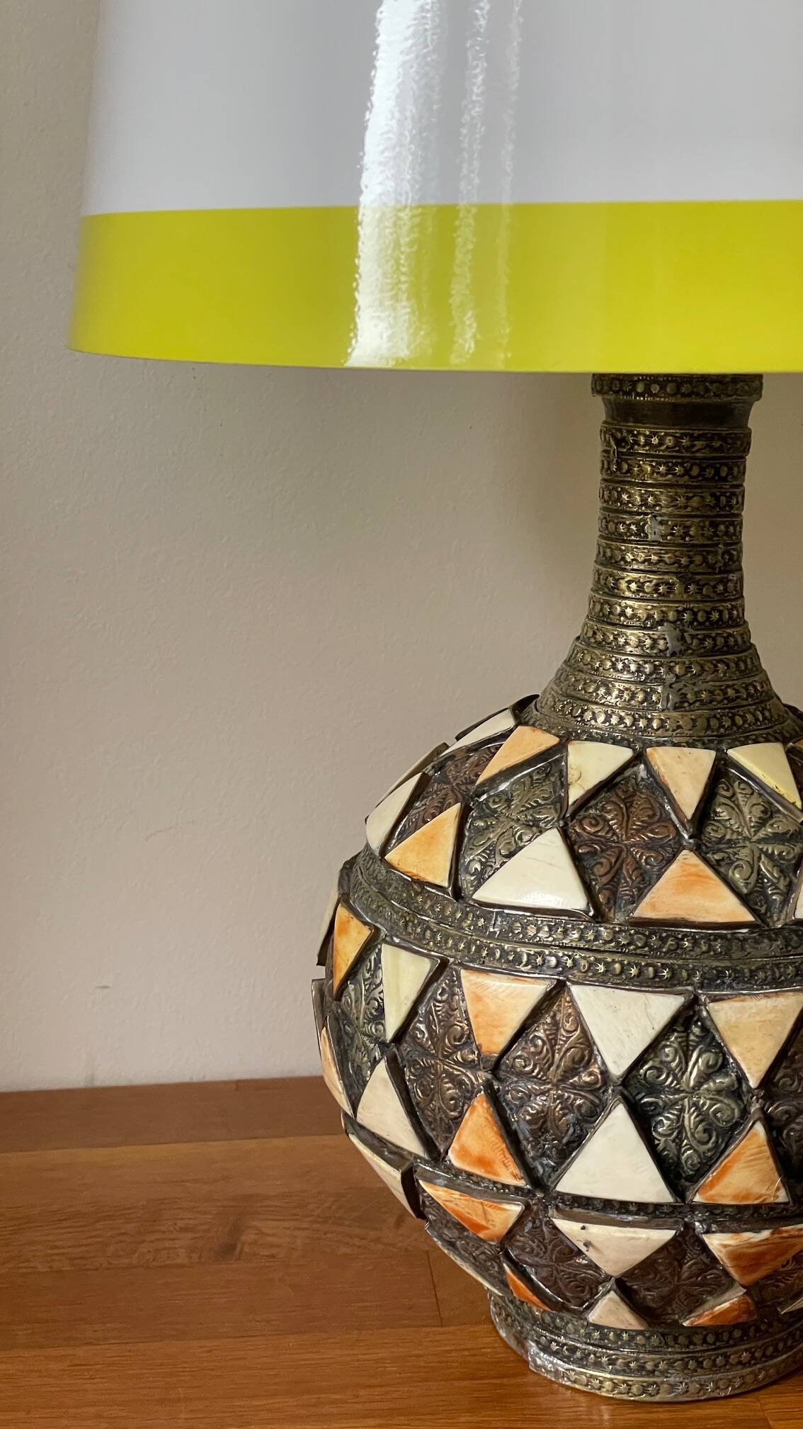 Vintage handcrafted lamp, pottery and silver-plated metal