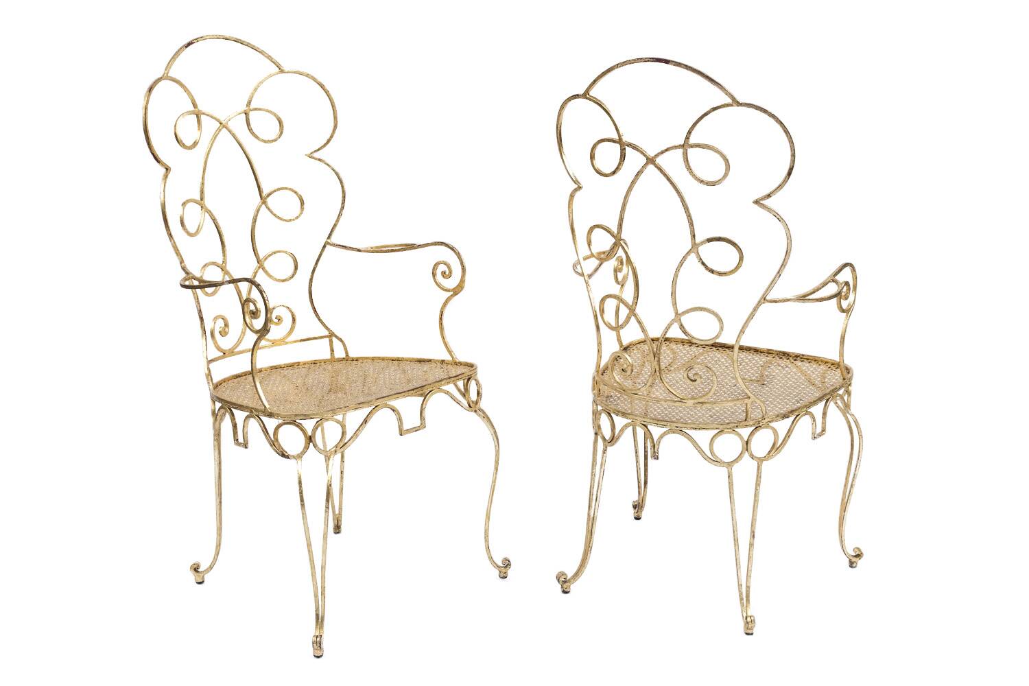 Pair of wrought iron and gilded armchairs, circa 1990