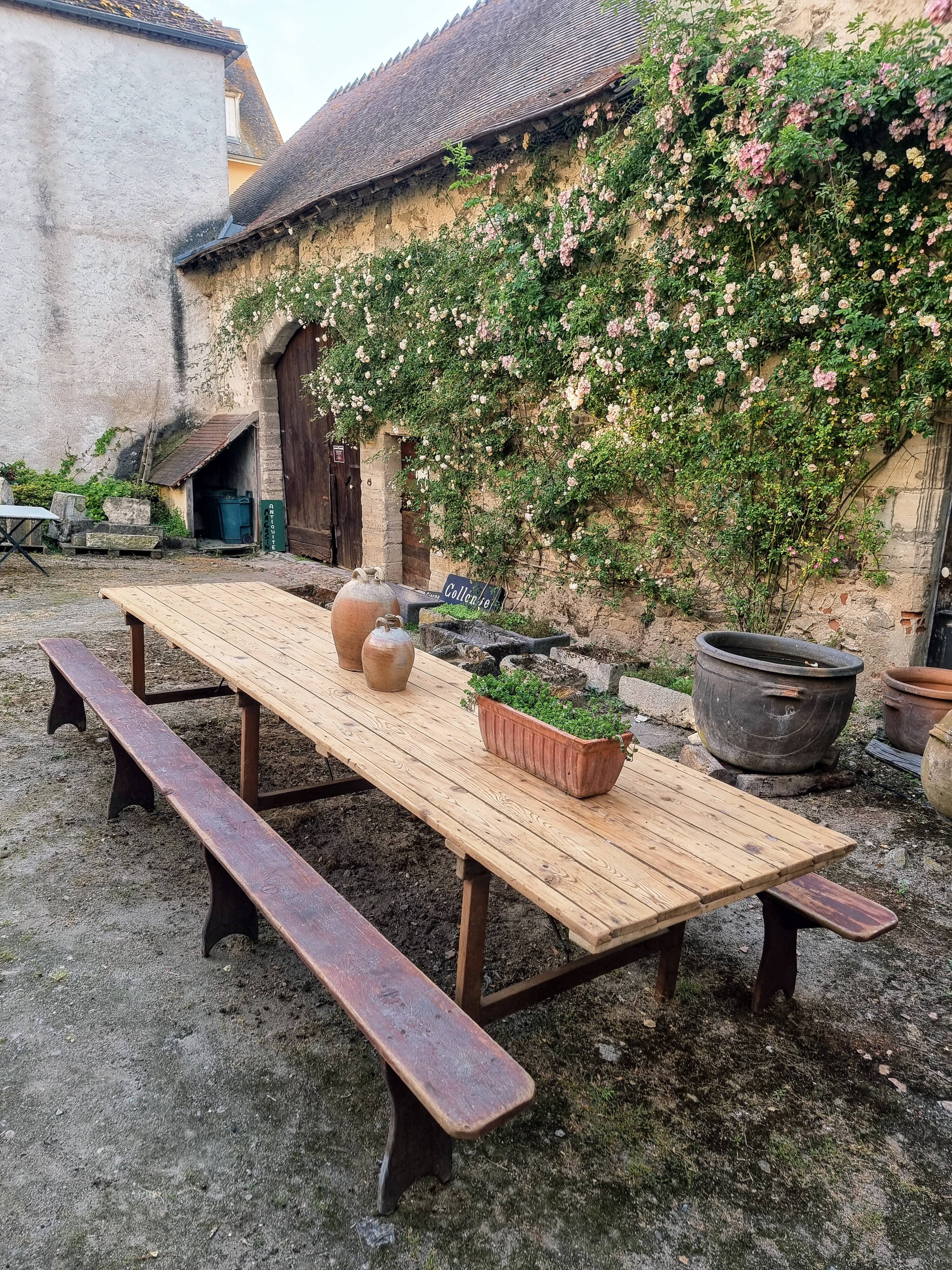 French antique garden dining table – XXL wine table with benches