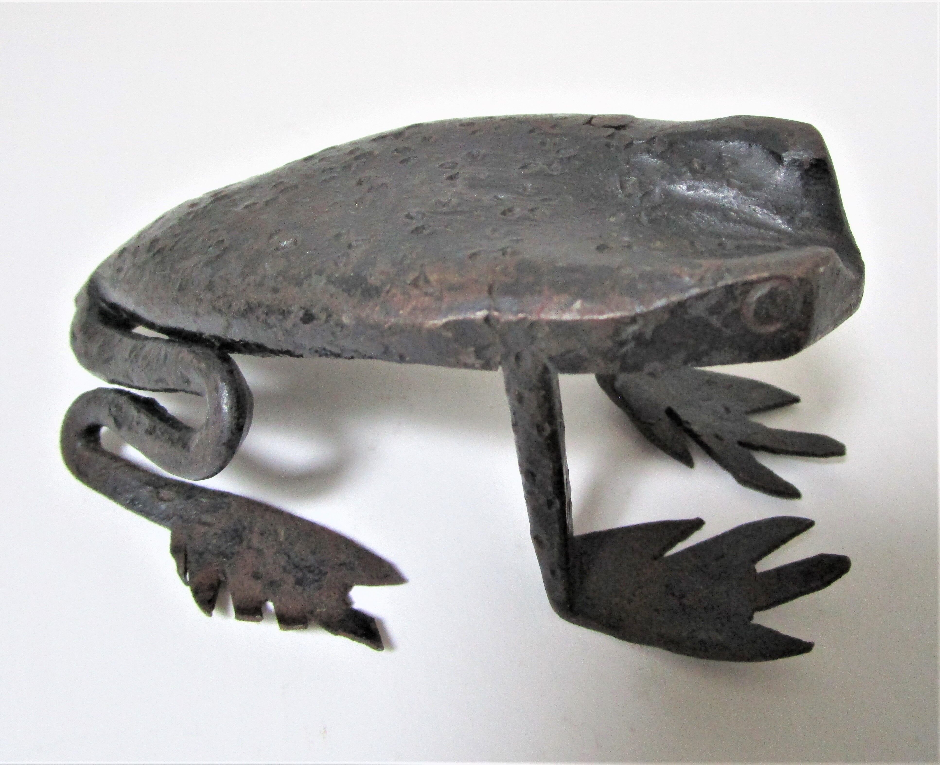 Two metal clipboard frogs patinated vintage brutalist
