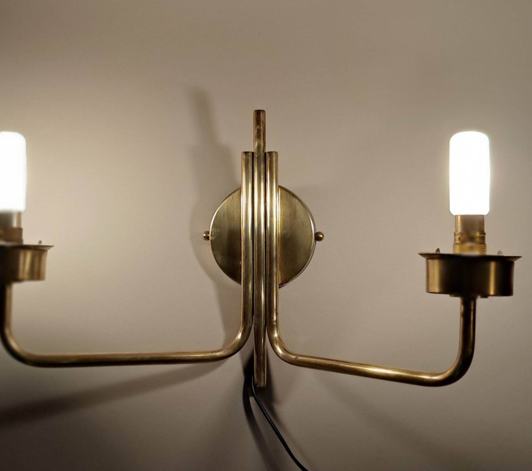 Brass and opaline two-light wall lamp, 1960