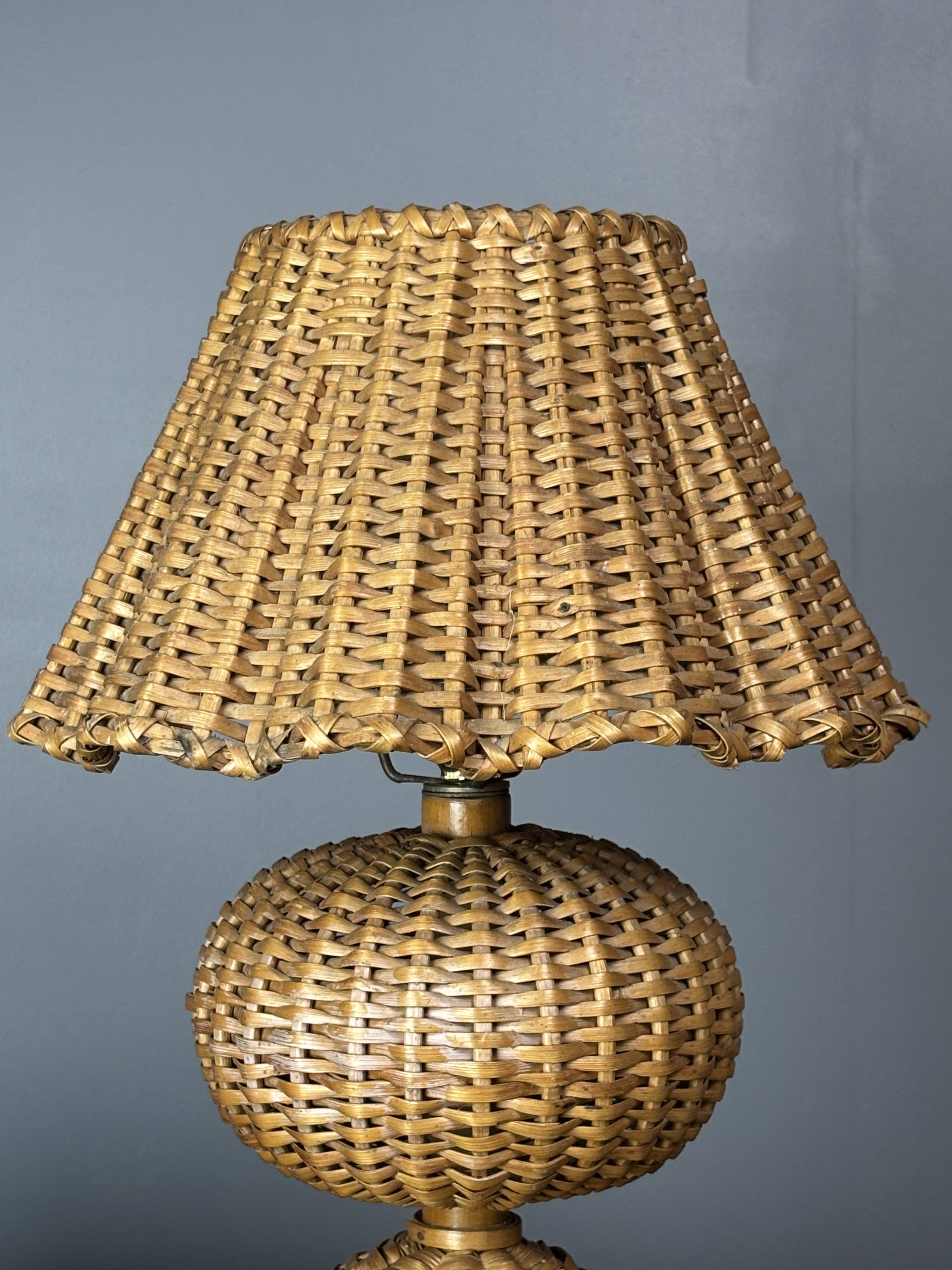 Midcentury rattan wicker mushroom table lamp, 1950s