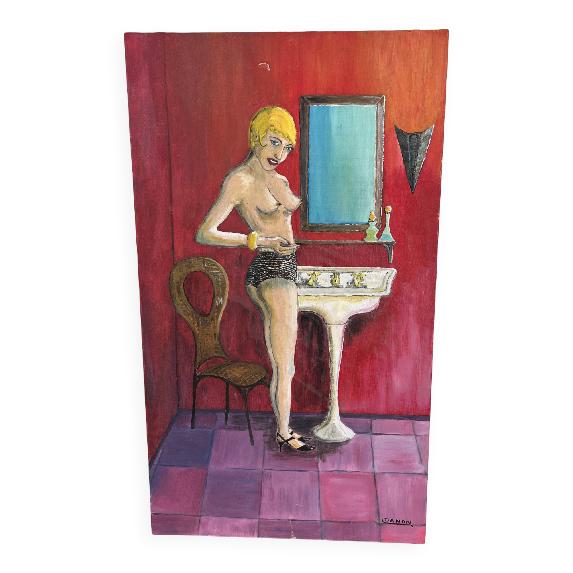 Painting Woman in the Bathroom - Signed Danon, Art Deco Style