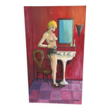 Tableau Femme dans la Salle de Bain - Signé Danon, Style Art Déco