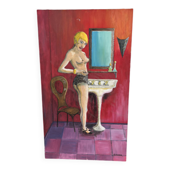 Painting Woman in the Bathroom - Signed Danon, Art Deco Style