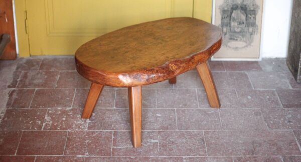 Table basse brutaliste en bois de loupe orme, déco intérieur,table de salon