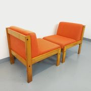 Set of 2 vintage Baumann armchairs in orange fabric and wood from the 80s