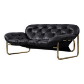 Canapé en cuir noir et métal doré, Suède 1970