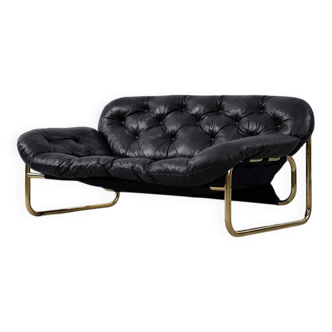 Vintage Mid-Century Scandinavian Modern Glamour Leather Black & Gold Sofa