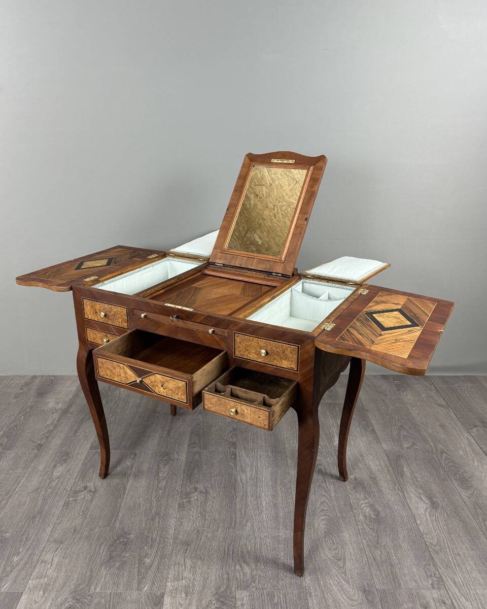 Marquetry Hairdresser in Louis XV Style, Dressing Table with Mirror, 20th Century