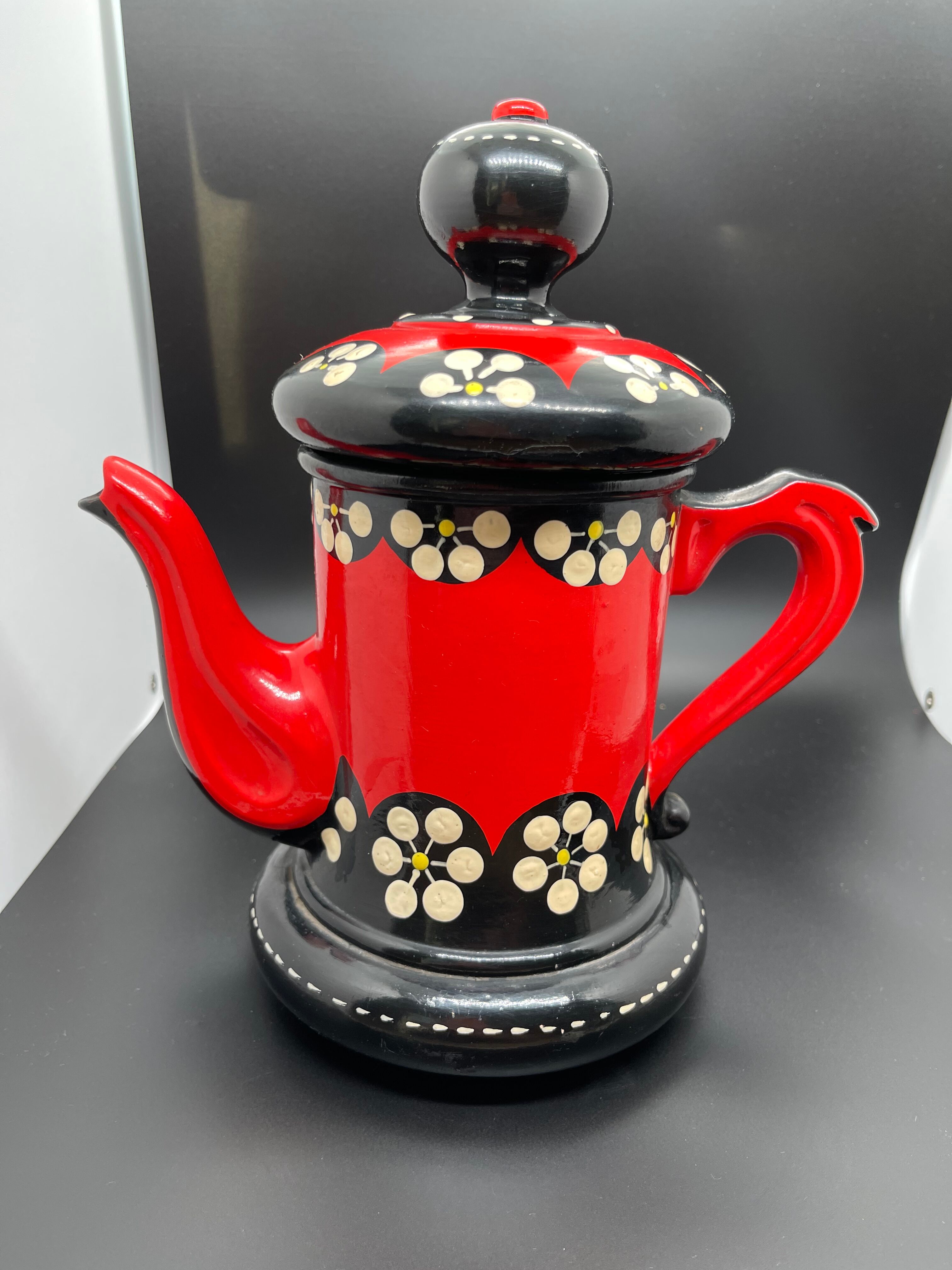 Vintage terracotta teapot glazed and hand painted