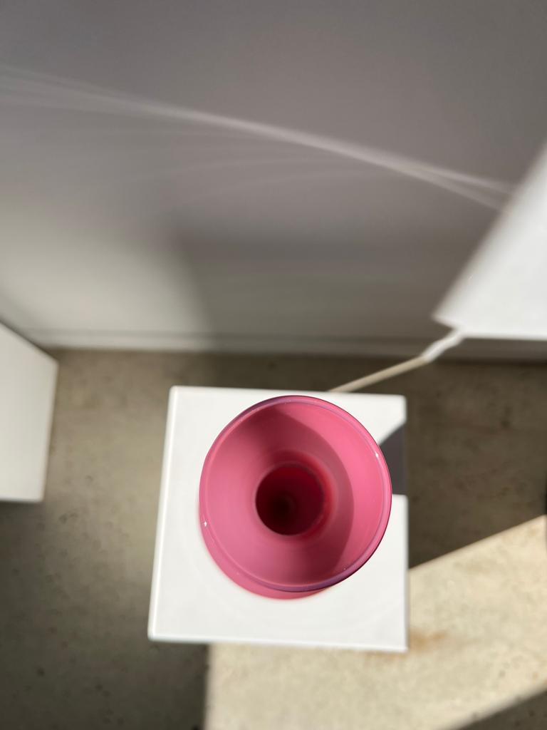 Vintage pink opaline glass vase, white foot h: 53cm