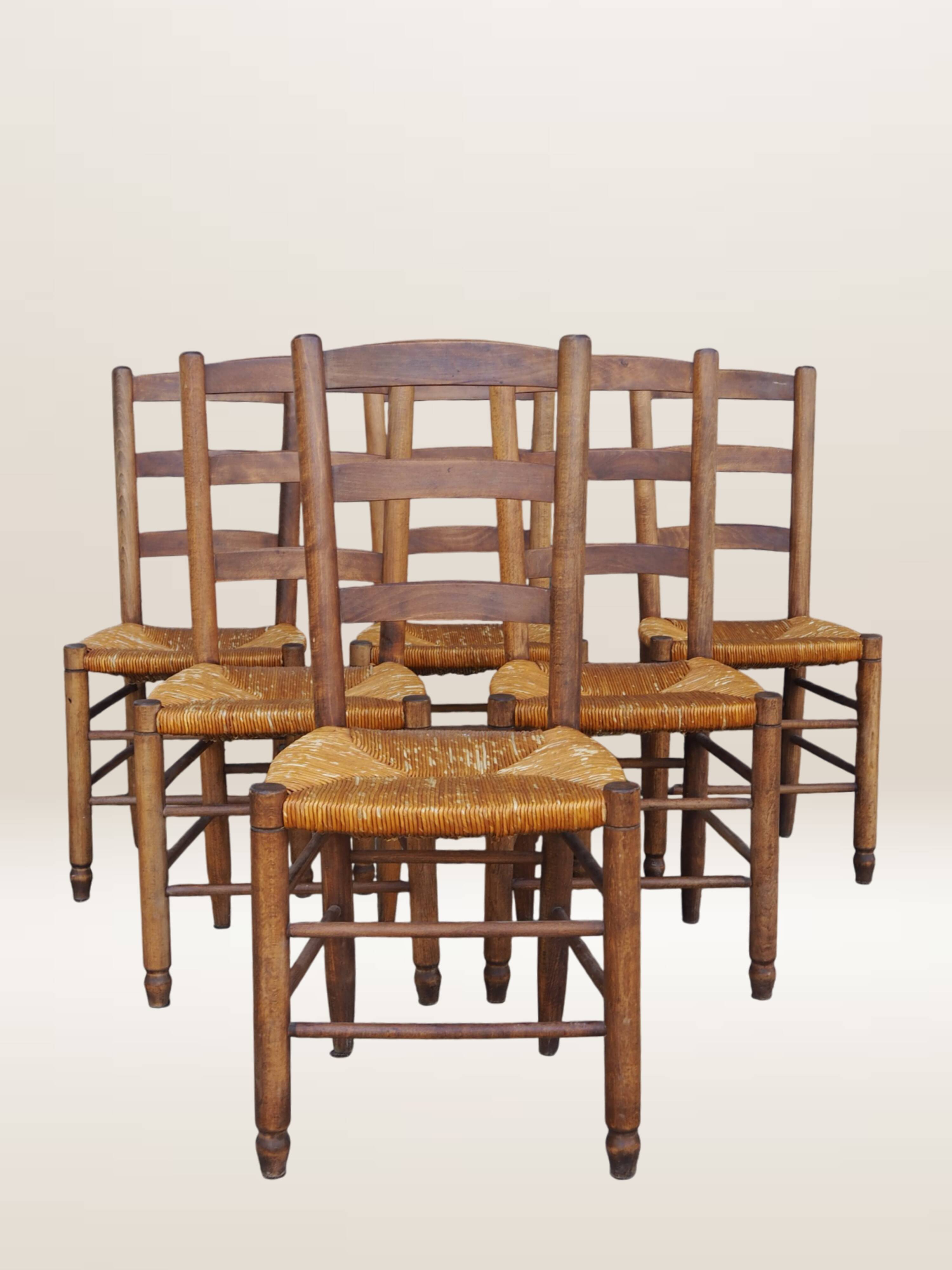 Set of six rush-seated ladderback chairs.
