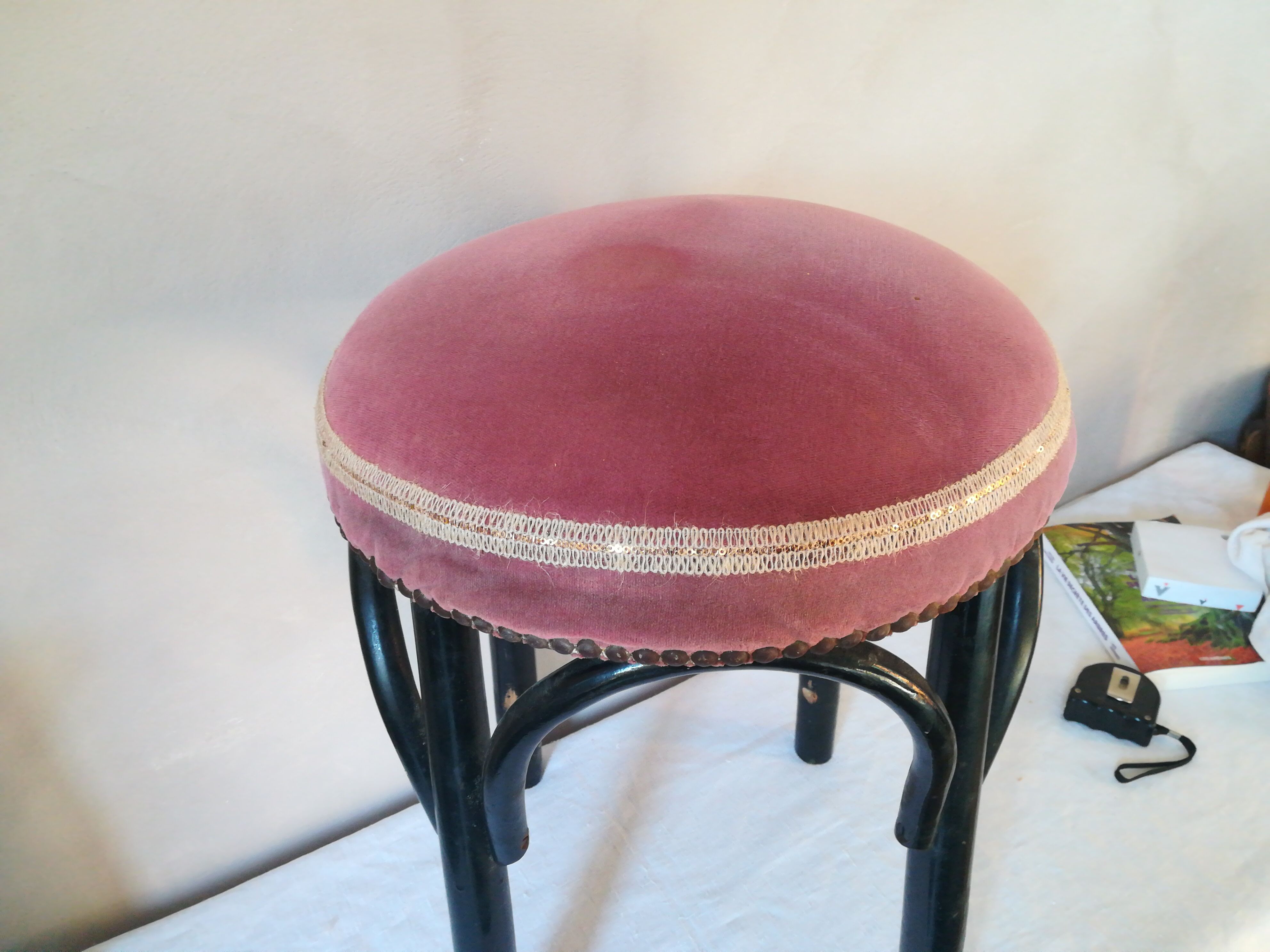 Black stool sitting in velvet rose