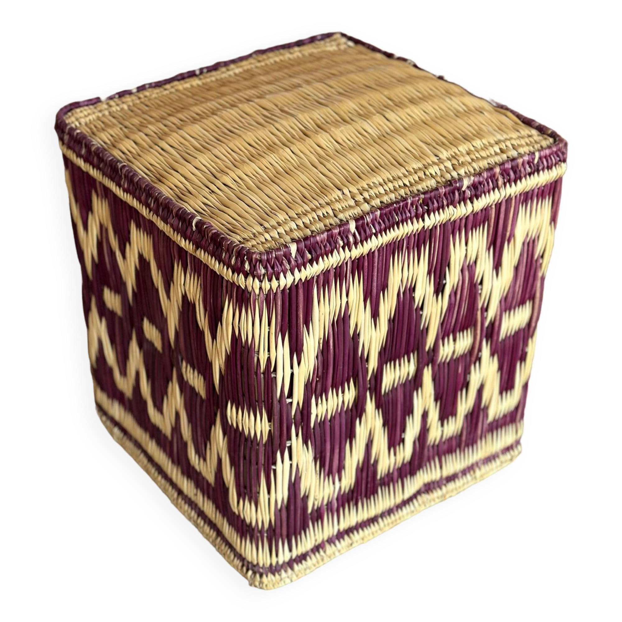 Set of two pouf seat cube rattan wicker graphic ikat red burgundy purple magenta