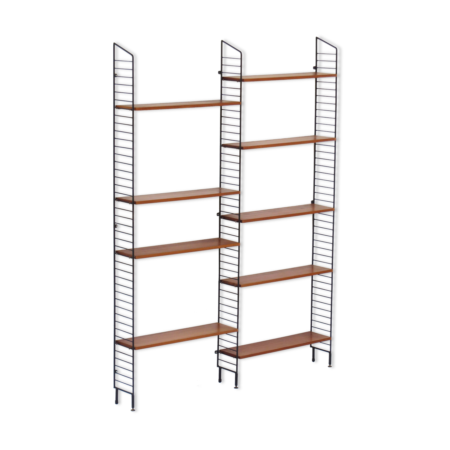 Mid century Wall Unit Shelving System in teak with black metal bookshelf supports