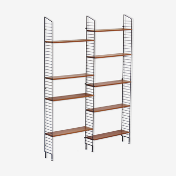 Mid century Wall Unit Shelving System in teak with black metal bookshelf supports