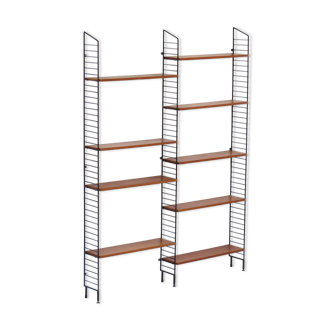 Mid century Wall Unit Shelving System in teak with black metal bookshelf supports