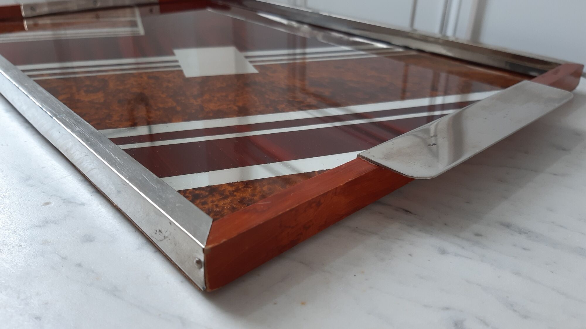 Art deco tray in wood, steel, chrome, glass and mirror 30s-40s