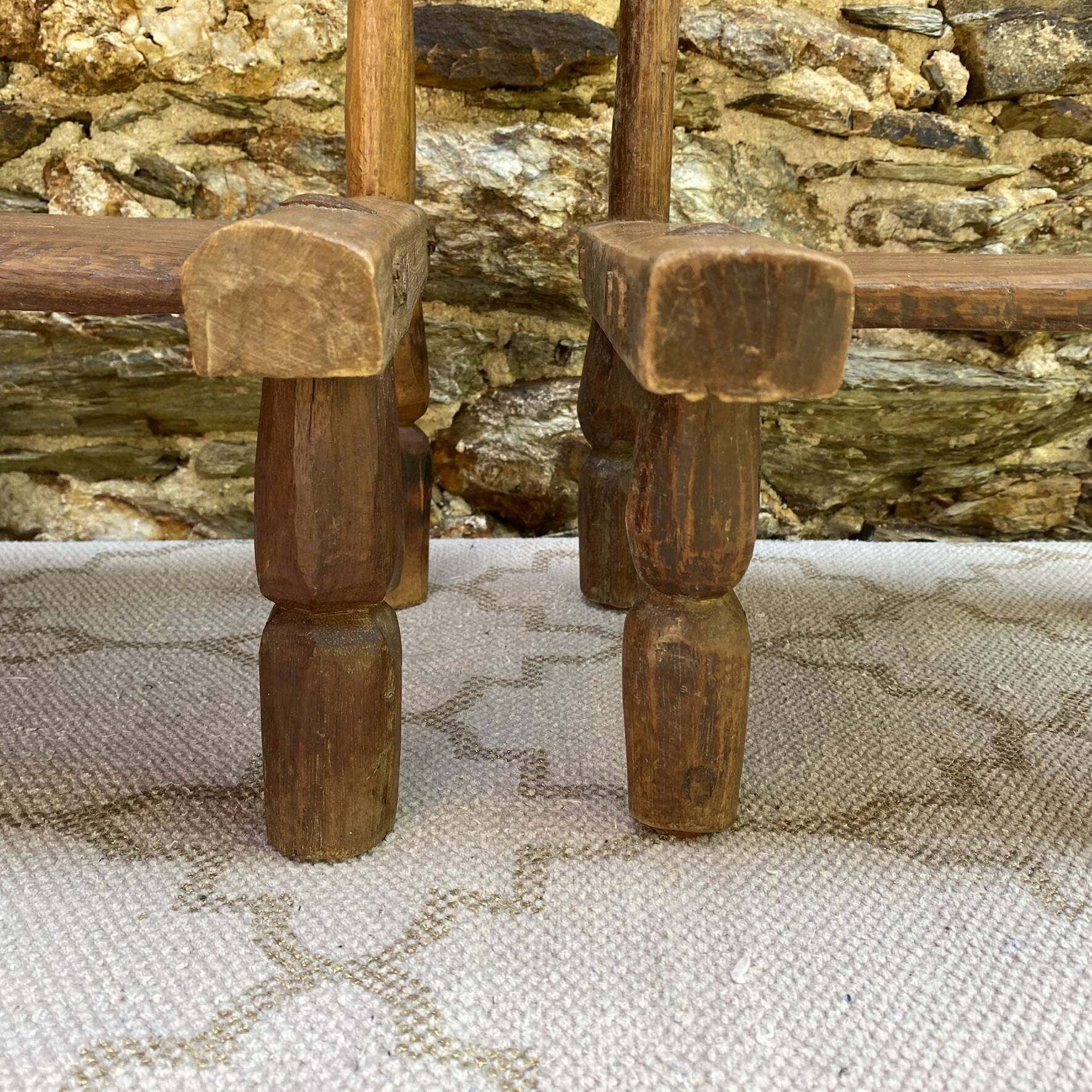 Ancient Baoulé African chairs in carved wood, Wabi-Sabi.