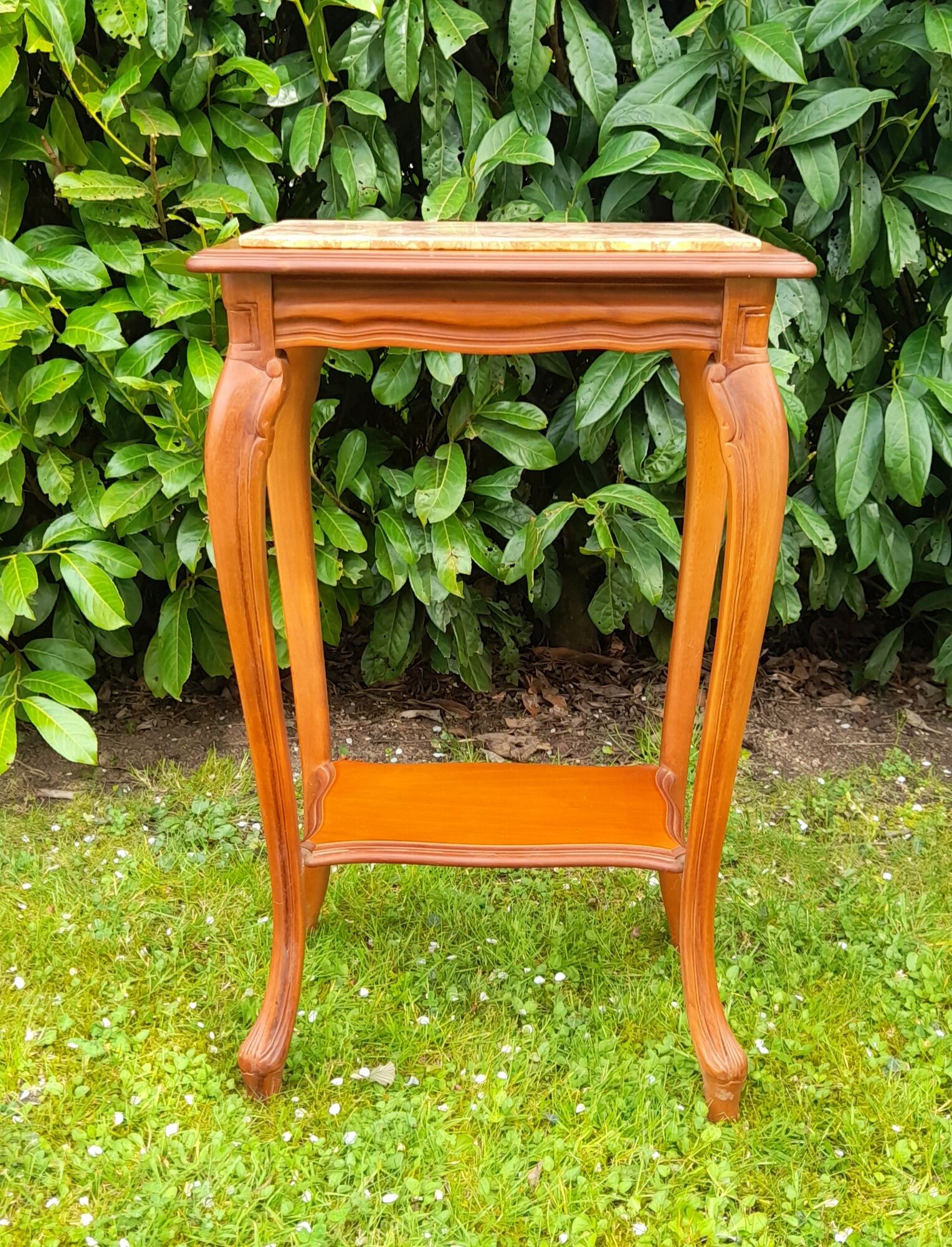 Louis XV style pedestal table/harness in solid cherry topped with marble