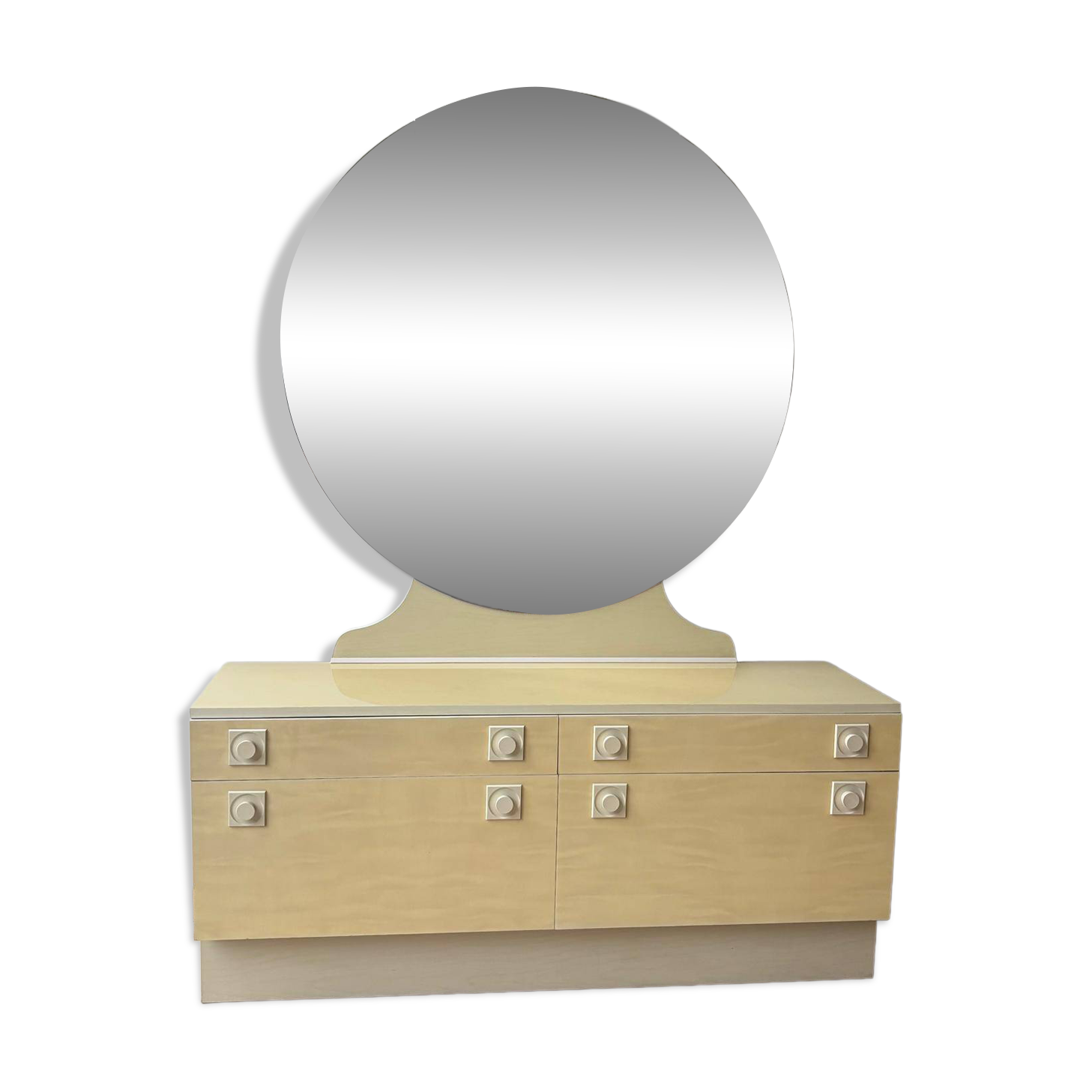 1970s/80s Formica hairdresser's dresser with a folding triptych round mirror.