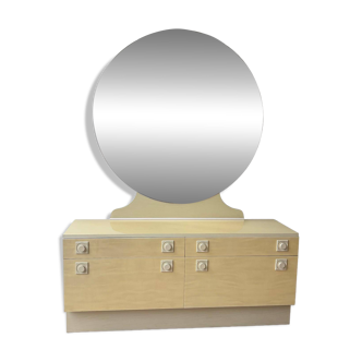 1970s/80s Formica hairdresser's dresser with a folding triptych round mirror.