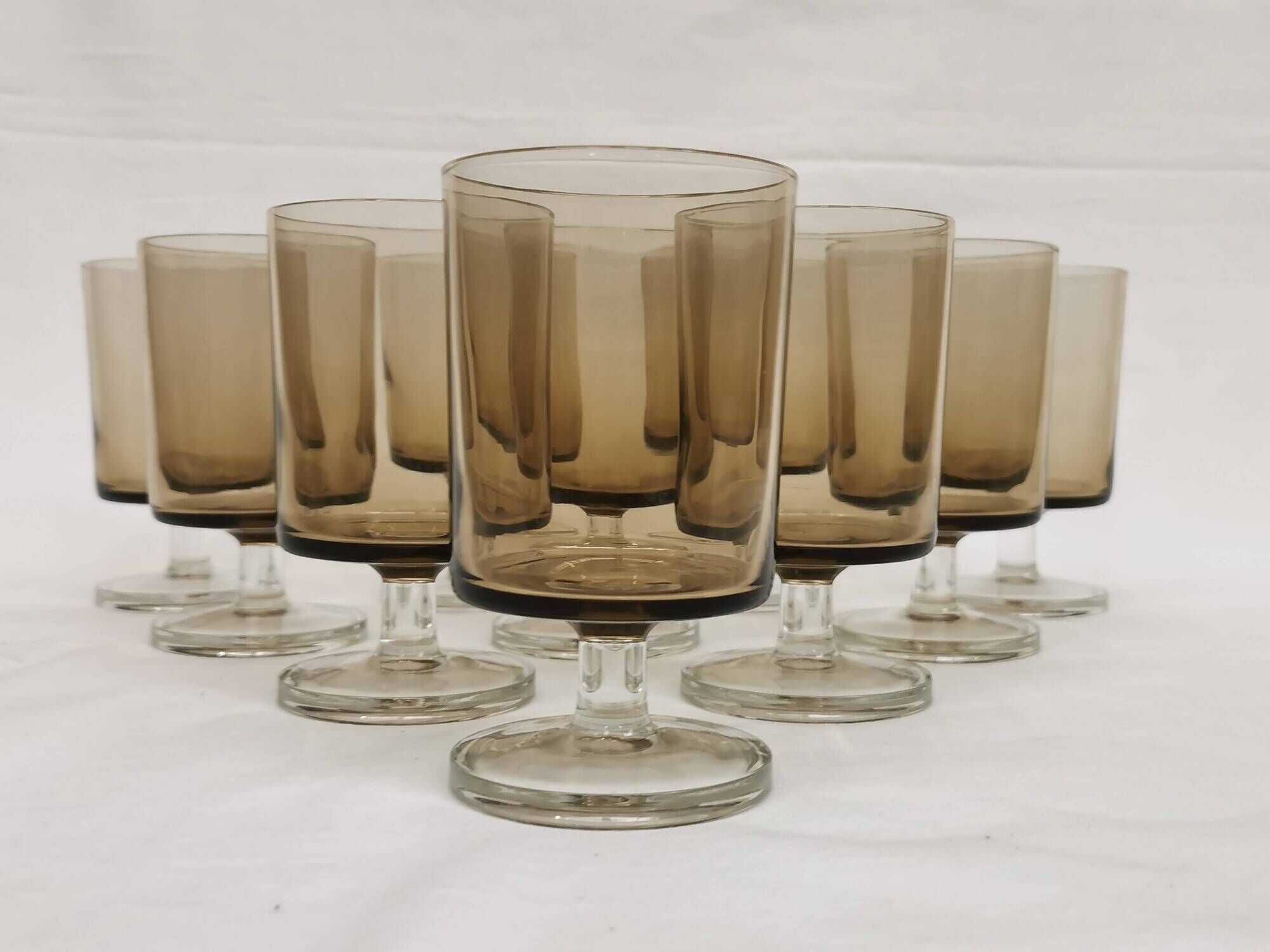 Vintage 70s stemmed glasses, lot of 10 smoked Luminarc verrines