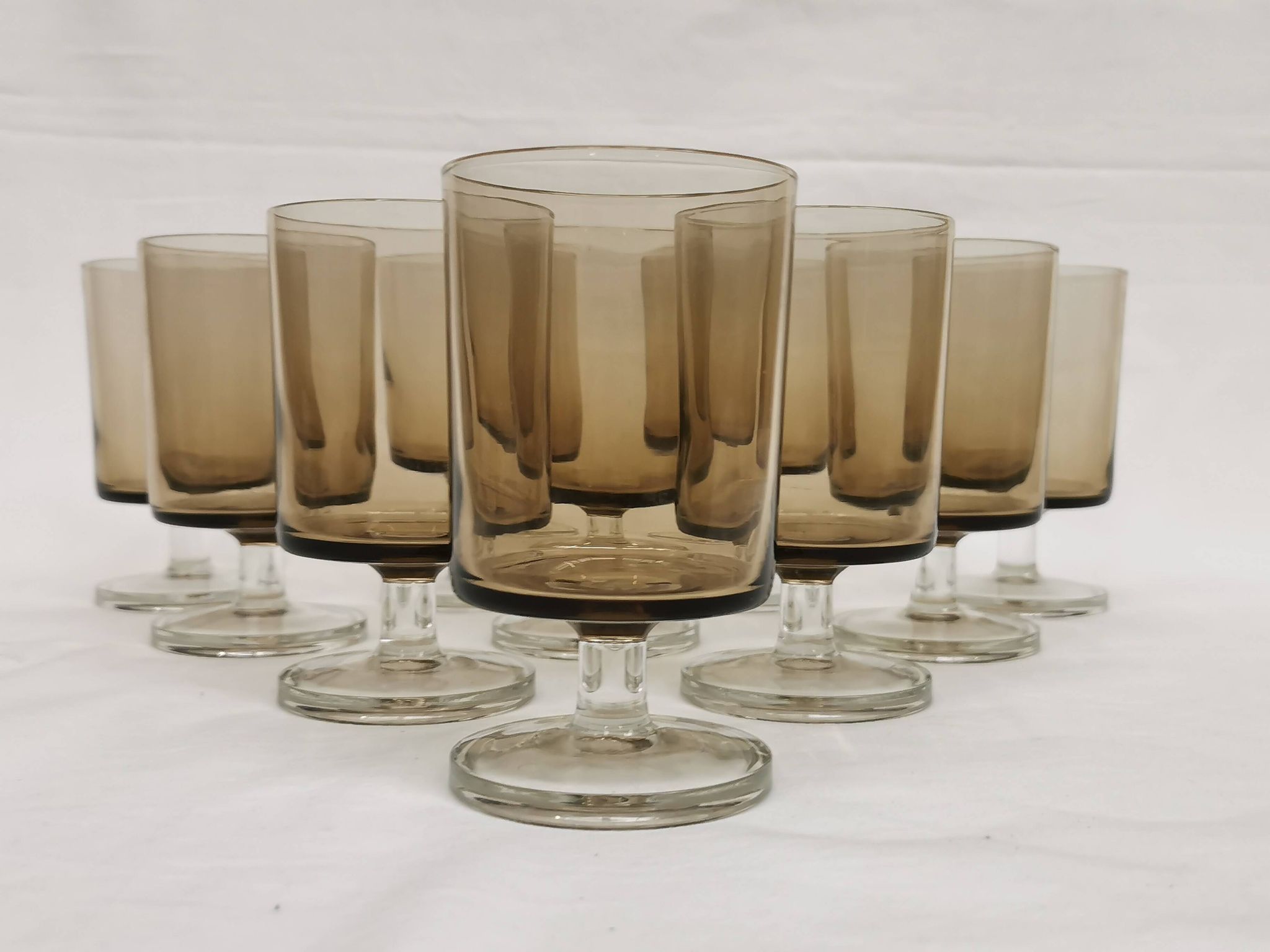 Vintage 70s stemmed glasses, lot of 10 smoked Luminarc verrines