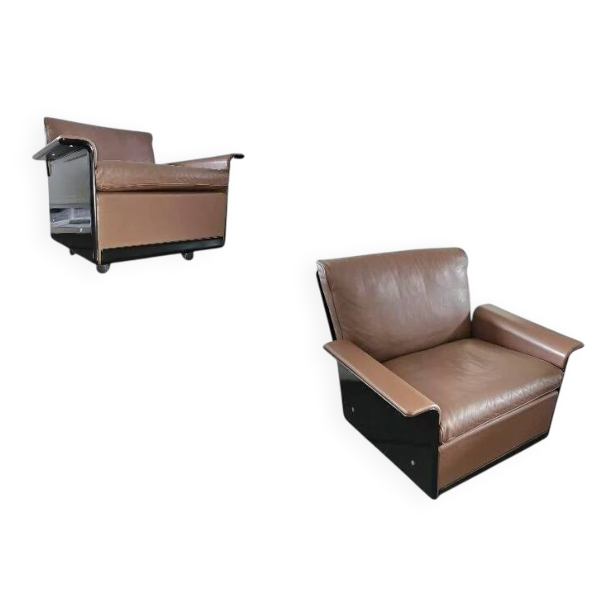 2 x Black shell & brown leather 620 chair programme lounge chair by Dieter Rams for Vitsoe, 1980s, top condition