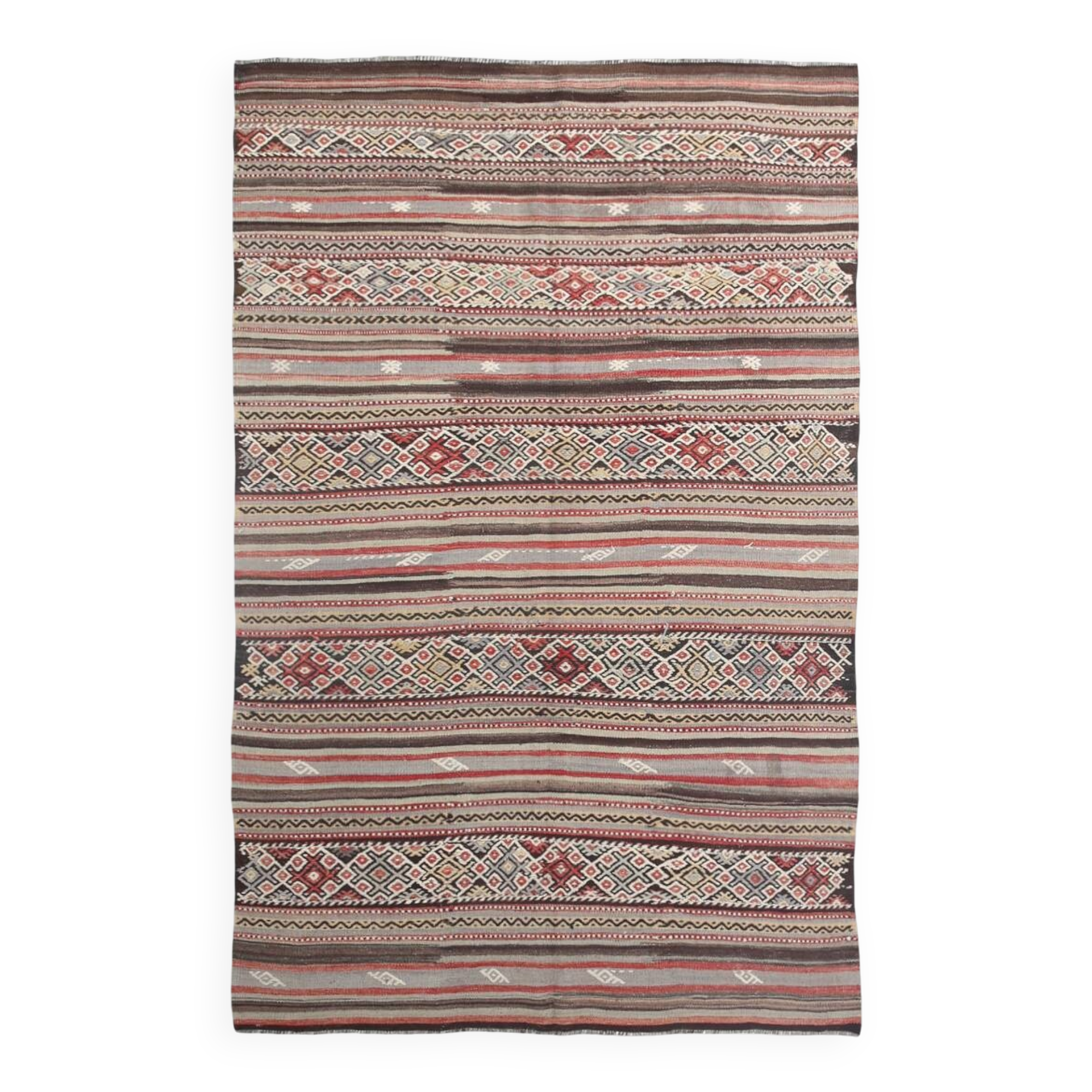 Kilim vintage tons rouges et bruns, motifs ethniques anatoliens, 156x244 Cm