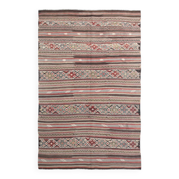Kilim vintage tons rouges et bruns, motifs ethniques anatoliens, 156x244 Cm